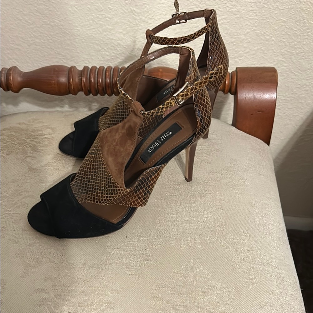 White House Black Market Black and Brown Snake-Print Suede Heels
